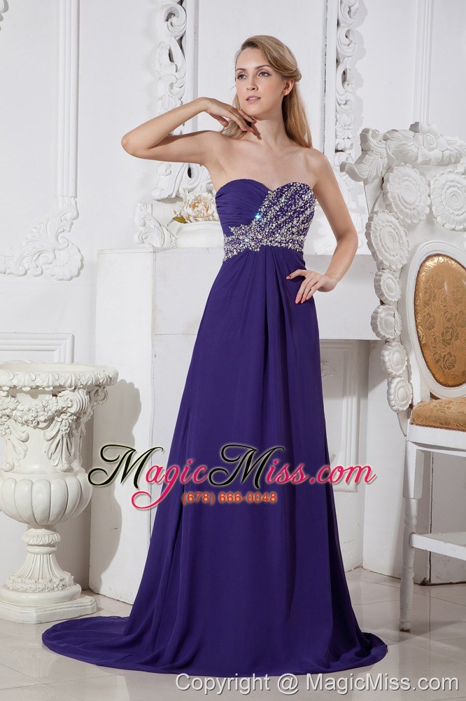wholesale purple column sweetheart court train elastic wove satin beading prom dress