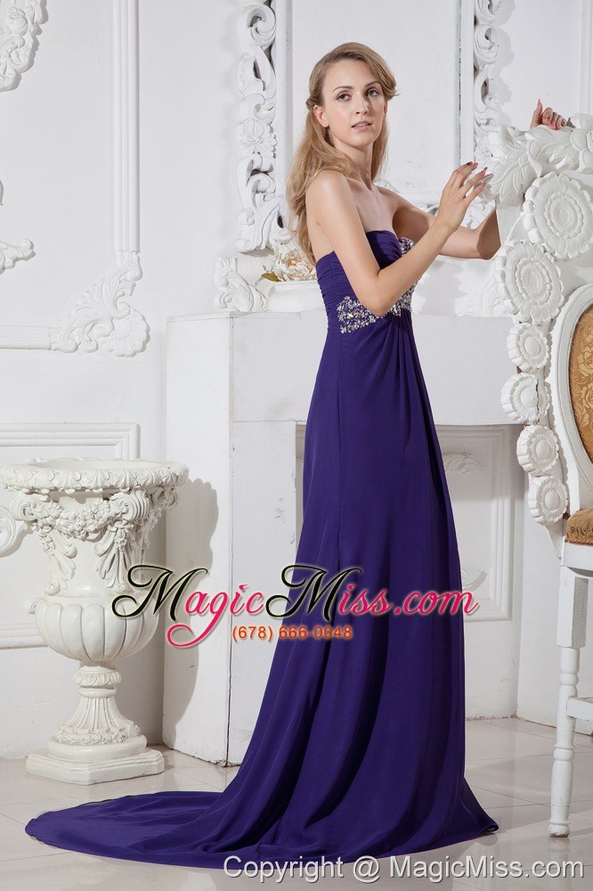 wholesale purple column sweetheart court train elastic wove satin beading prom dress