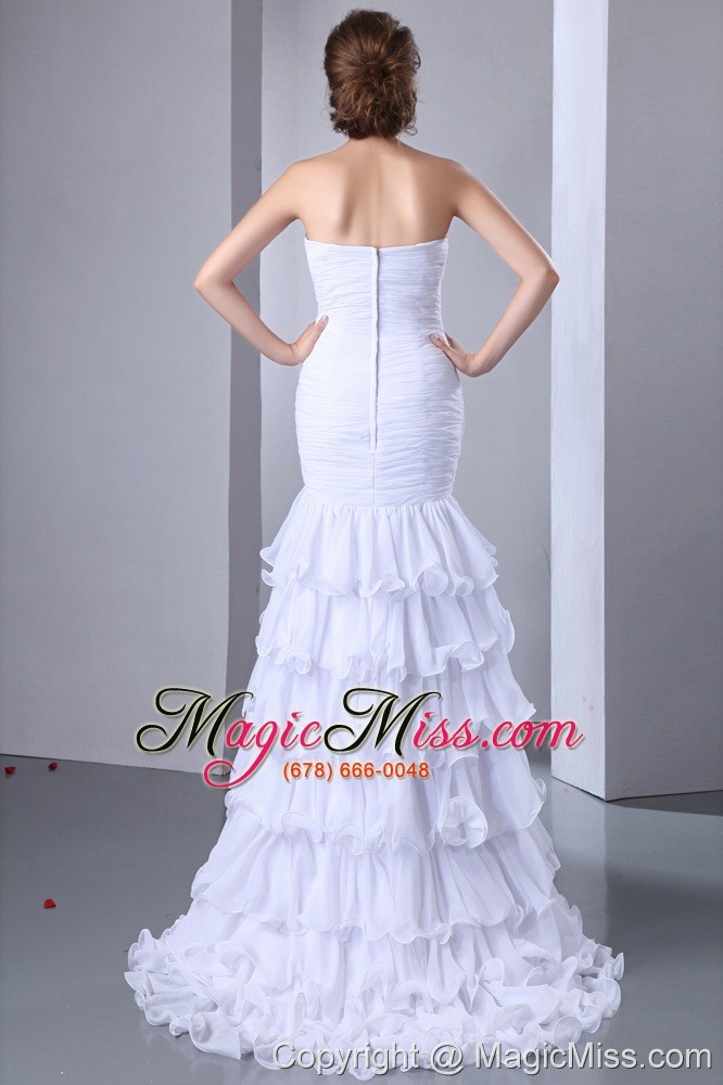 wholesale white column sweetheart brush train chiffon beading prom dress
