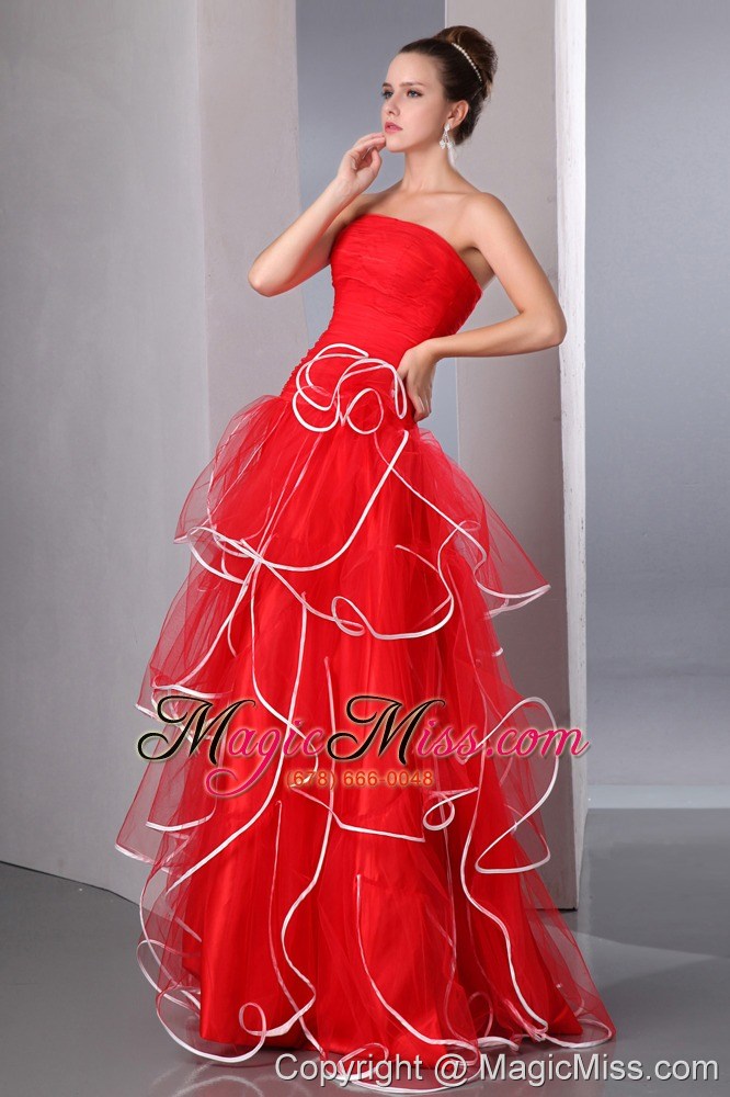 wholesale red a-line strapless floor-length organza ruch prom dress