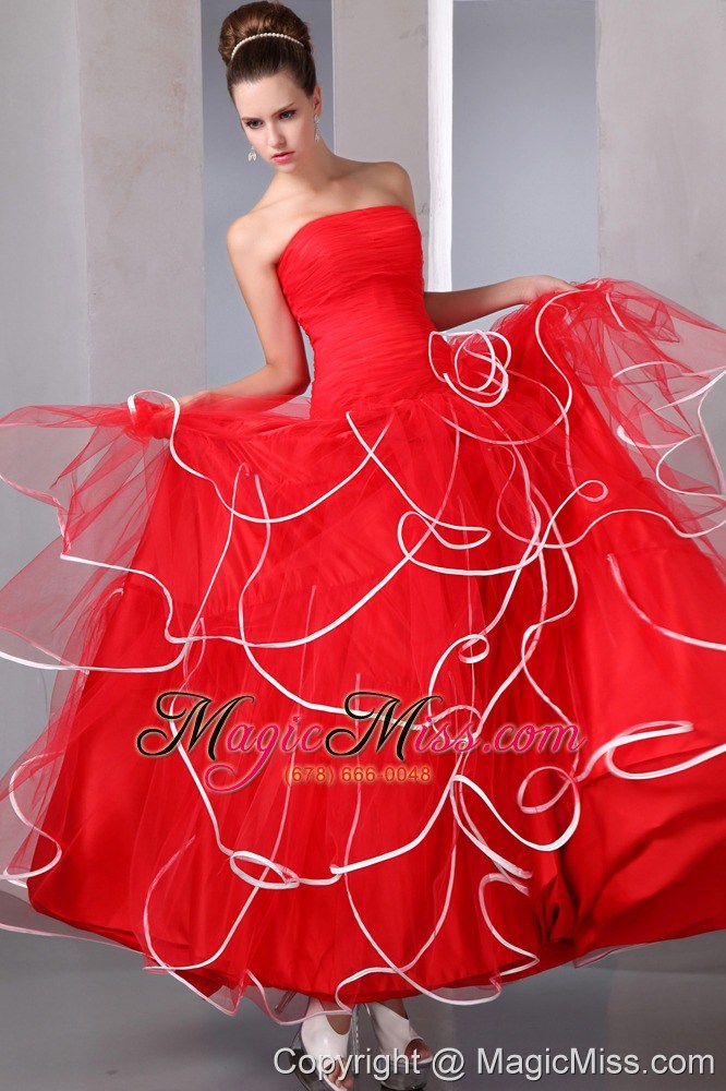 wholesale red a-line strapless floor-length organza ruch prom dress