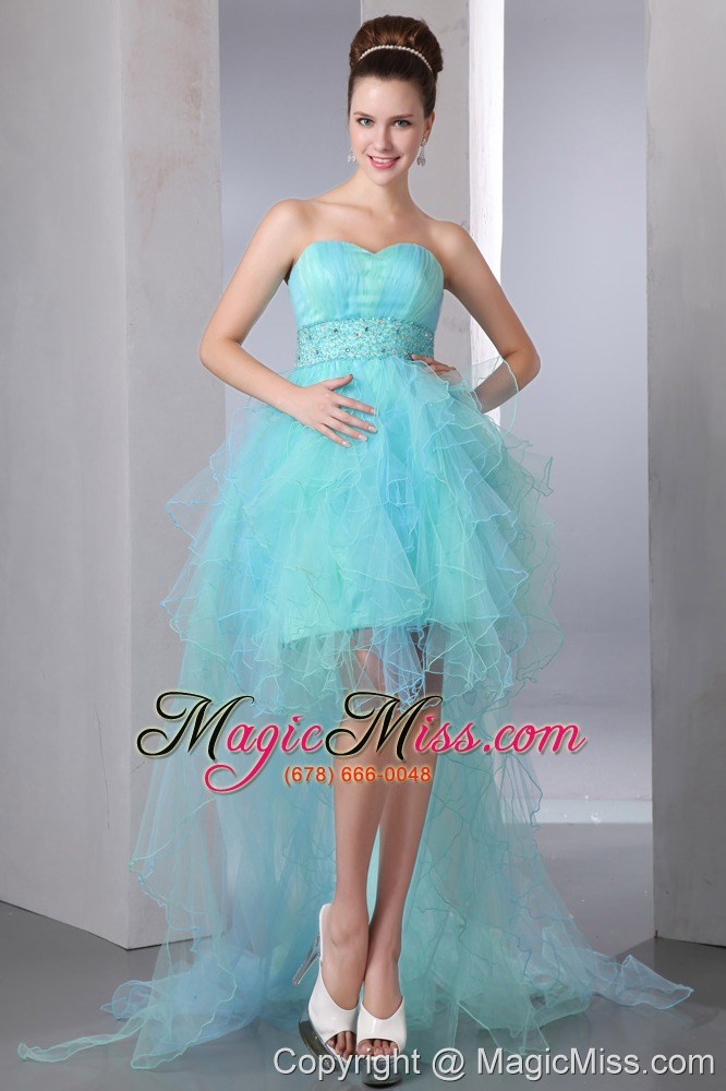 wholesale aqua blue a-line sweetheart asymmetrical organza beading prom dress