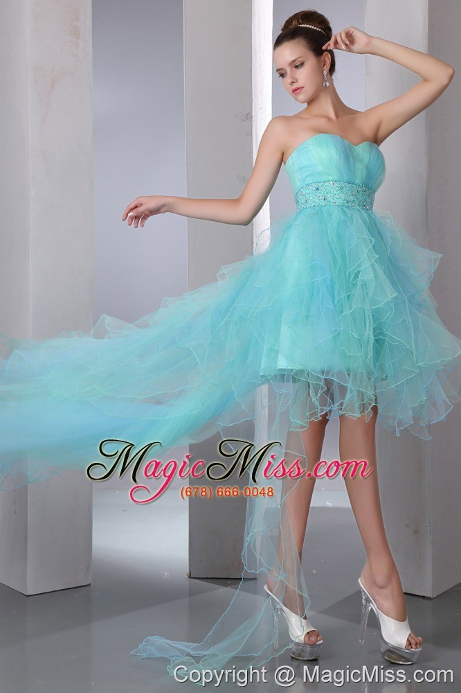 wholesale aqua blue a-line sweetheart asymmetrical organza beading prom dress