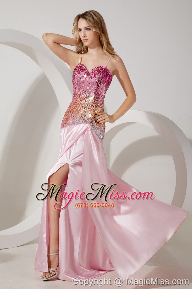 wholesale baby pink empire straps brush train stretch charmeuse and sequin prom / evening dress