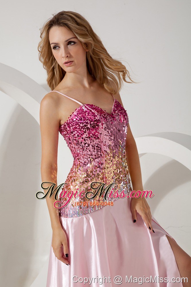 wholesale baby pink empire straps brush train stretch charmeuse and sequin prom / evening dress