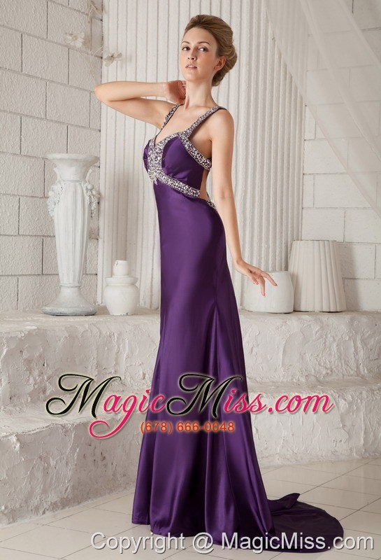 wholesale purple mermaid straps brush train taffeta beading prom dress