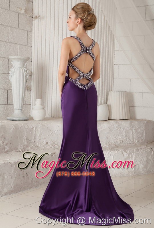 wholesale purple mermaid straps brush train taffeta beading prom dress