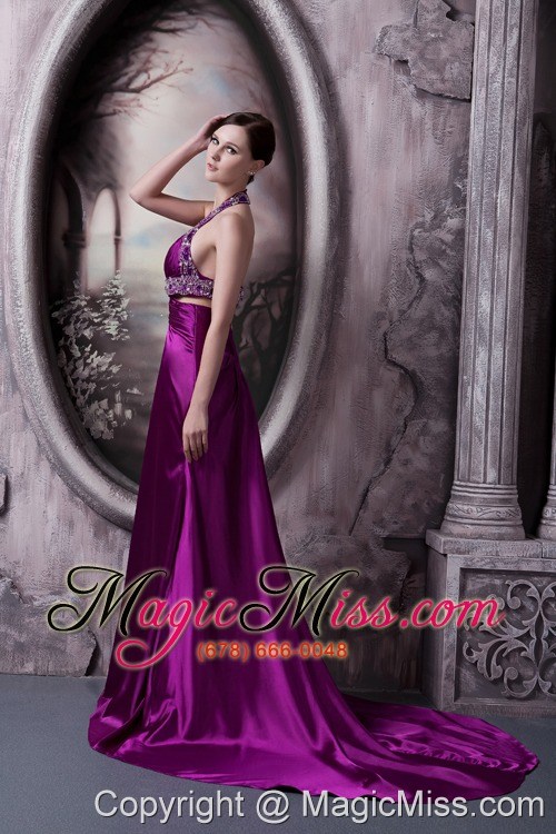 wholesale eggplant purple column halter court train silk like satin beading prom dress