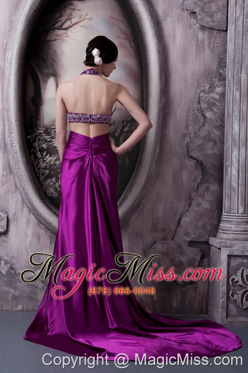 wholesale eggplant purple column halter court train silk like satin beading prom dress