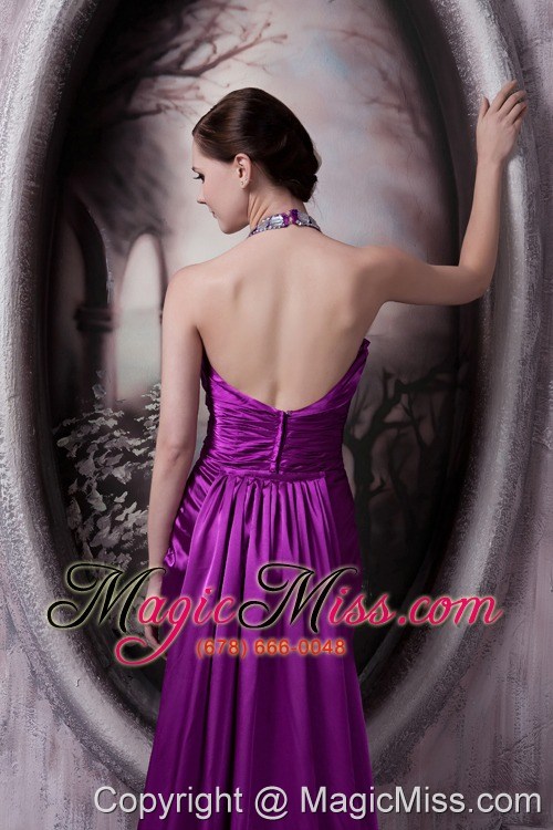 wholesale eggplant purple column halter brush train silk like satin beading and appliques prom dress