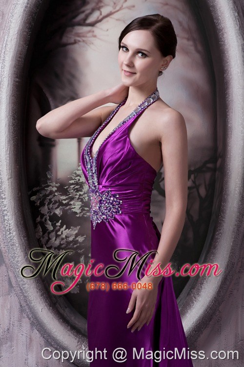 wholesale eggplant purple column halter brush train silk like satin beading and appliques prom dress