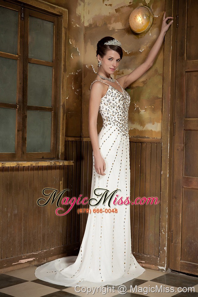 wholesale white column straps brush train chiffon beading prom dress