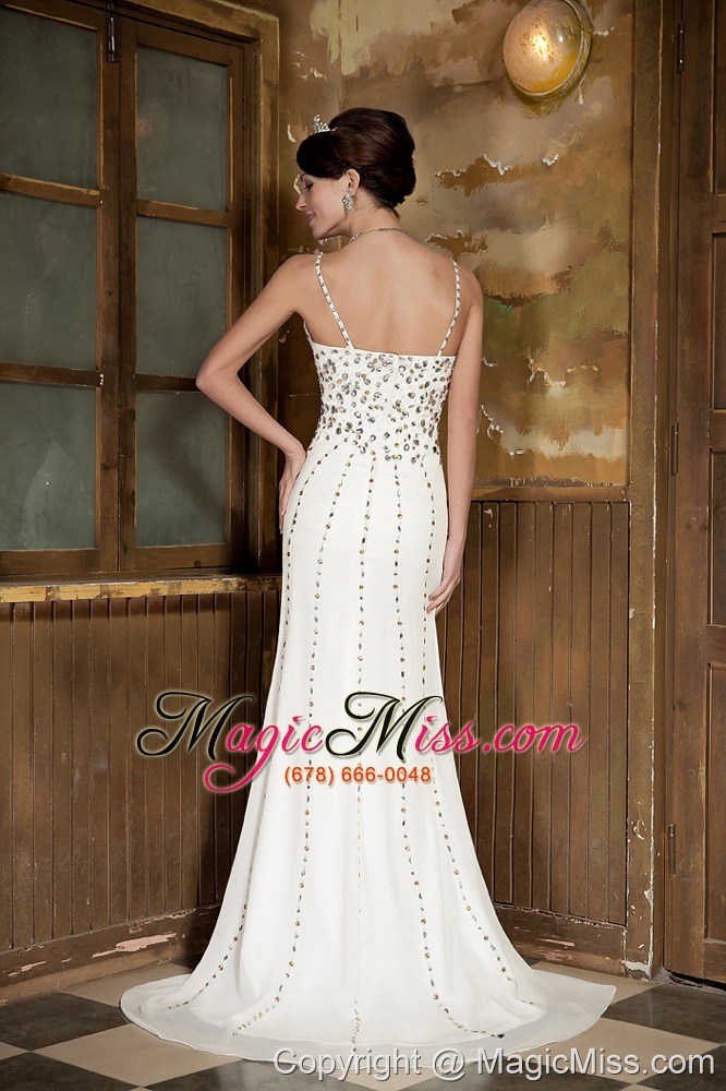 wholesale white column straps brush train chiffon beading prom dress