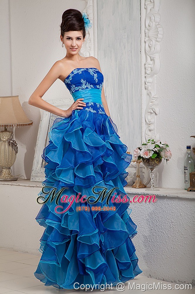 wholesale exclusive blue empire prom dress strapless organza appliques floor-length