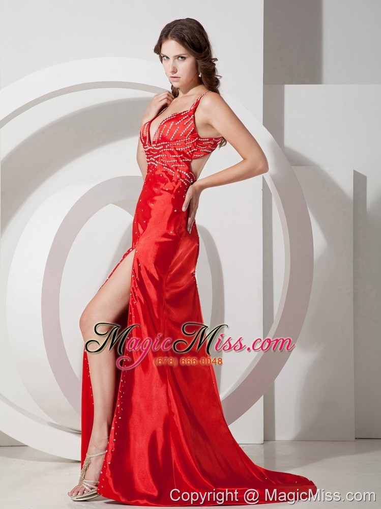wholesale discount red column / sheath straps beading prom dress brush/sweep elastic woven satin