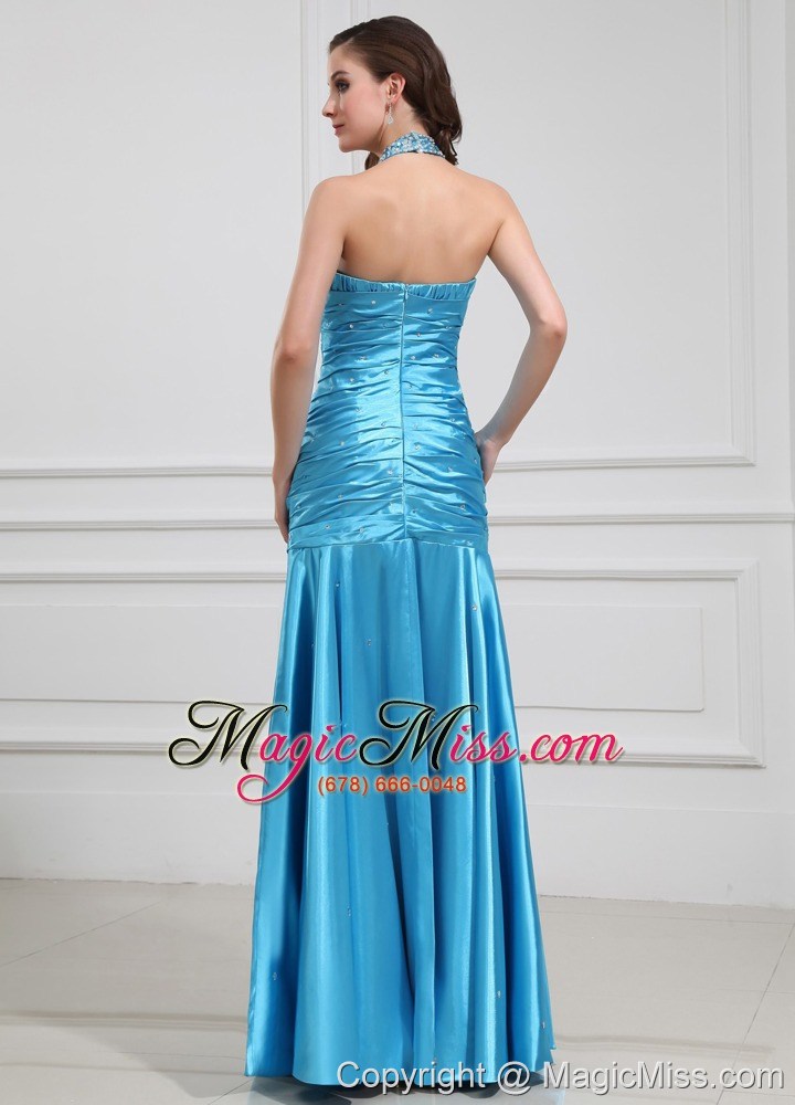 wholesale mermaid beading halter elastic woven satin prom dress floor-length blue