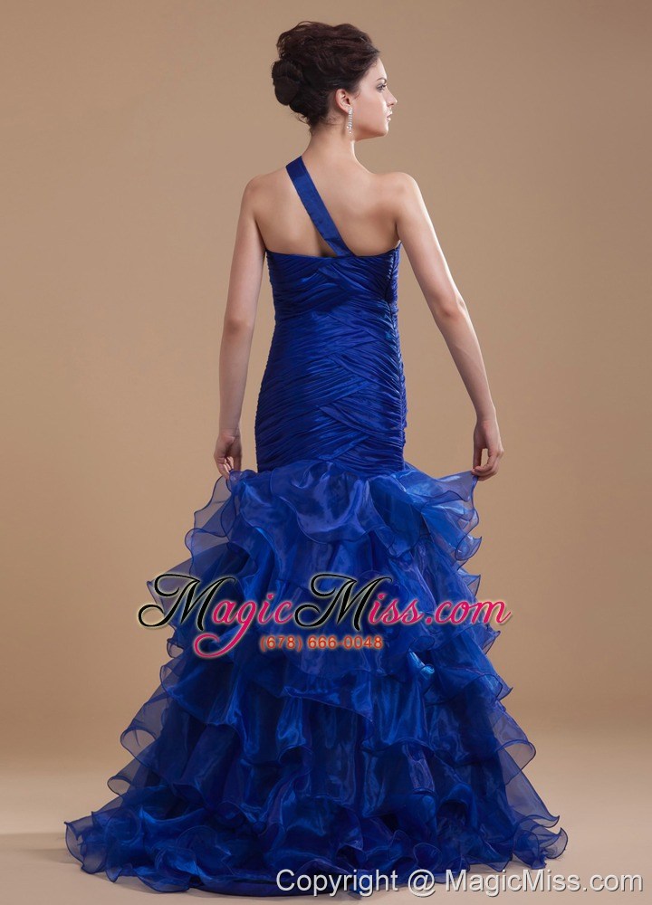 wholesale mermaid organza one shoulder brush/sweep ruffles prom dress royal blue