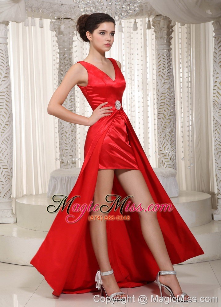 wholesale red column v-neck high-low elastic wove satin beading prom dress