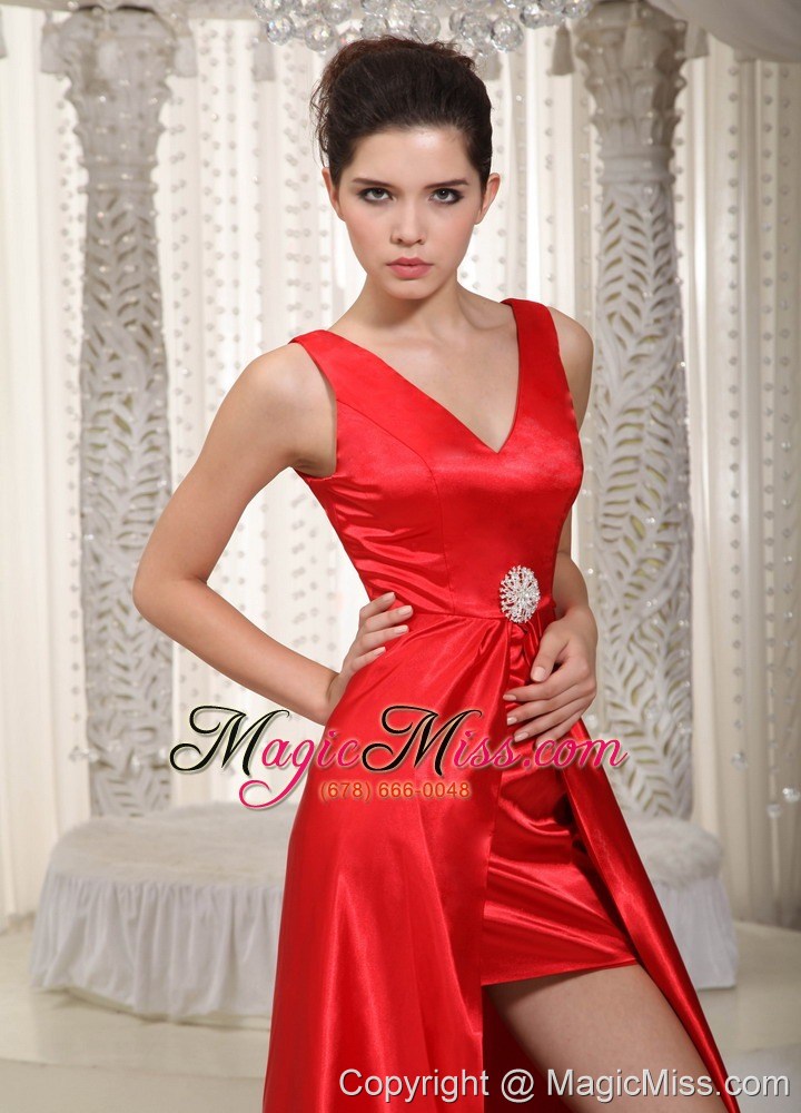 wholesale red column v-neck high-low elastic wove satin beading prom dress