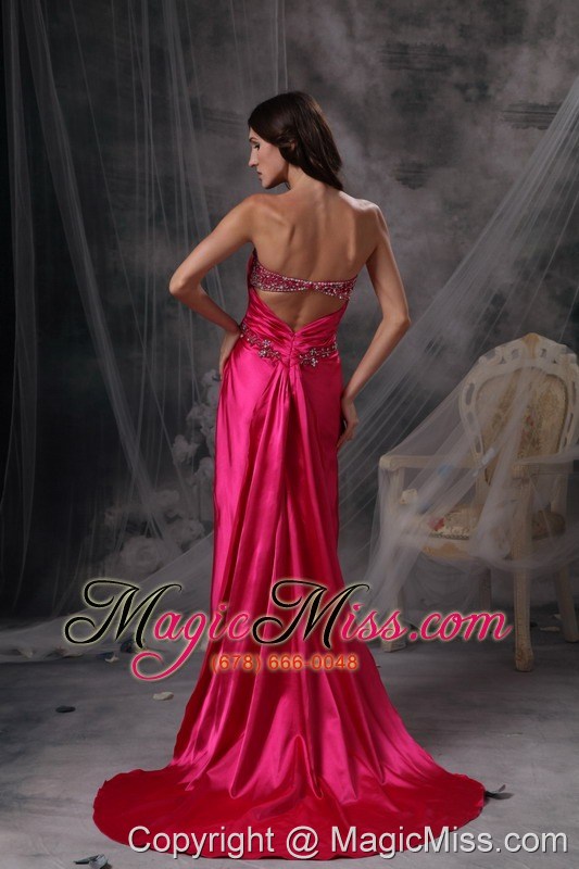 wholesale hot pink sweetheart prom dress satin beading and ruch brush train