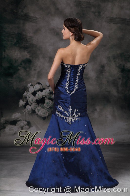 wholesale exclusive royal blue mermaid strapless evening dress taffeta appliques brush train
