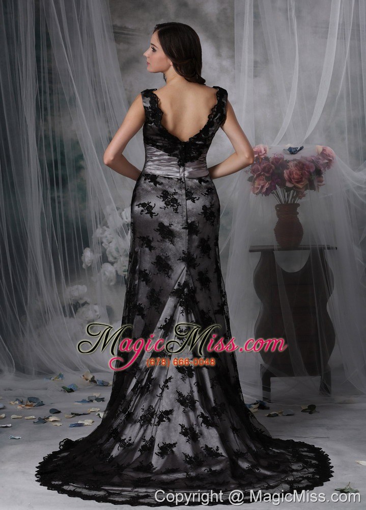 wholesale exclusive black column v-neck evening dress lace beading court train
