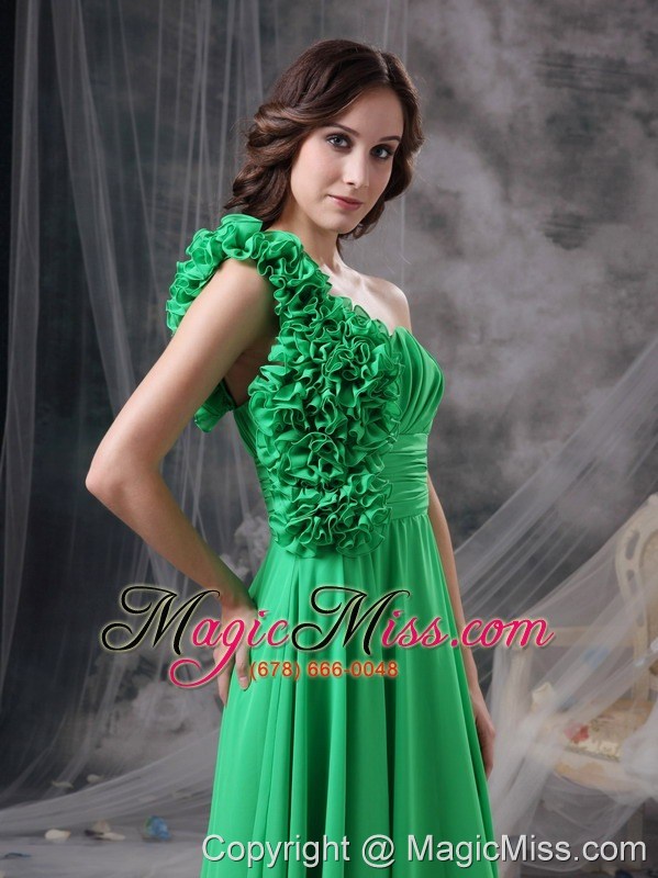 wholesale customize green empire one shoudler prom dress chiffon hand made flowers floor-length