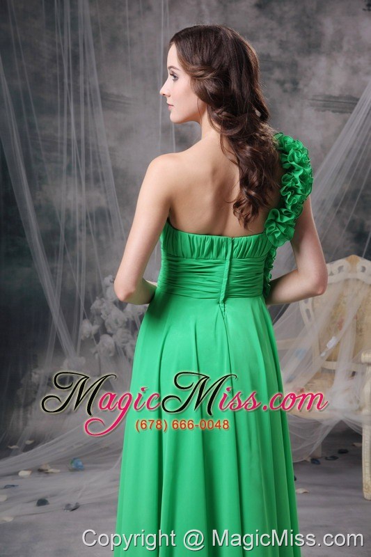 wholesale customize green empire one shoudler prom dress chiffon hand made flowers floor-length