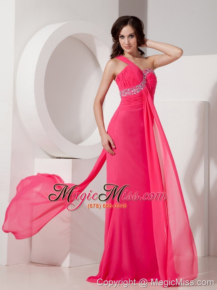 wholesale popular hot pink column evening dress one shoulder chiffon beading floor-length