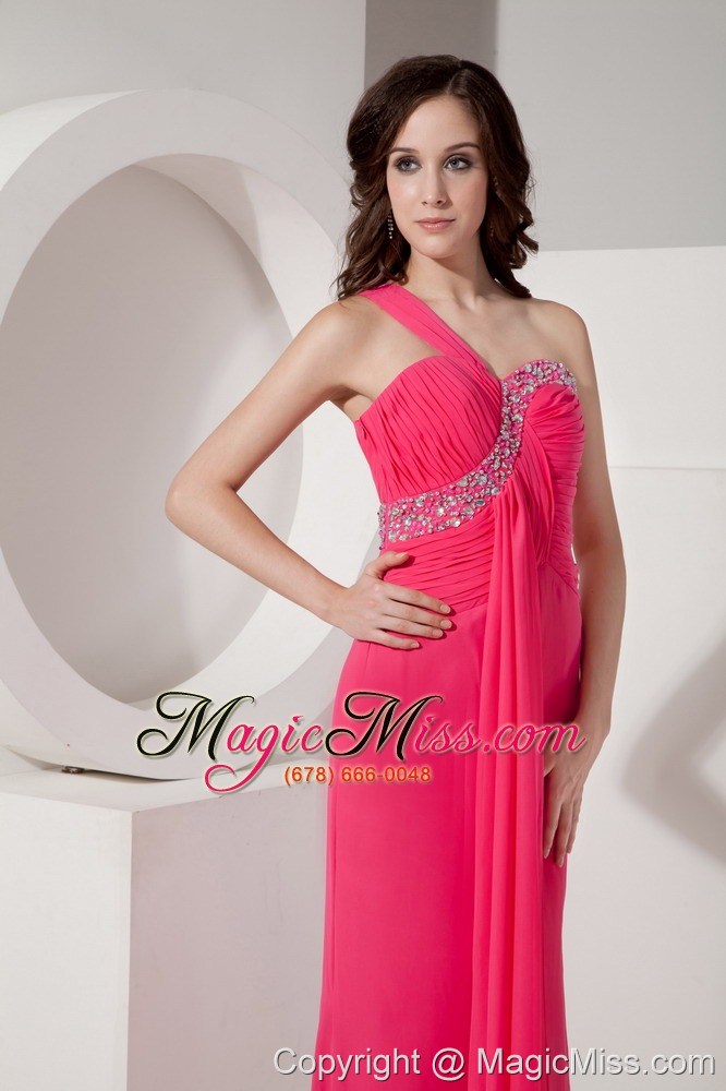 wholesale popular hot pink column evening dress one shoulder chiffon beading floor-length