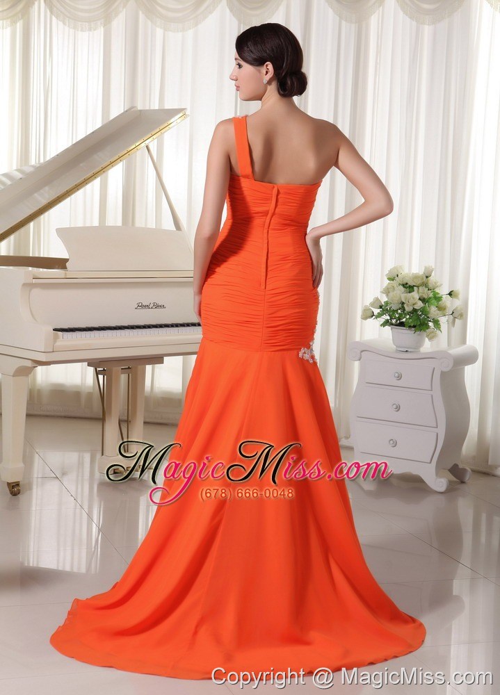wholesale appliques one shoulder chiffon orange red sheath prom dress for formal evening brush train