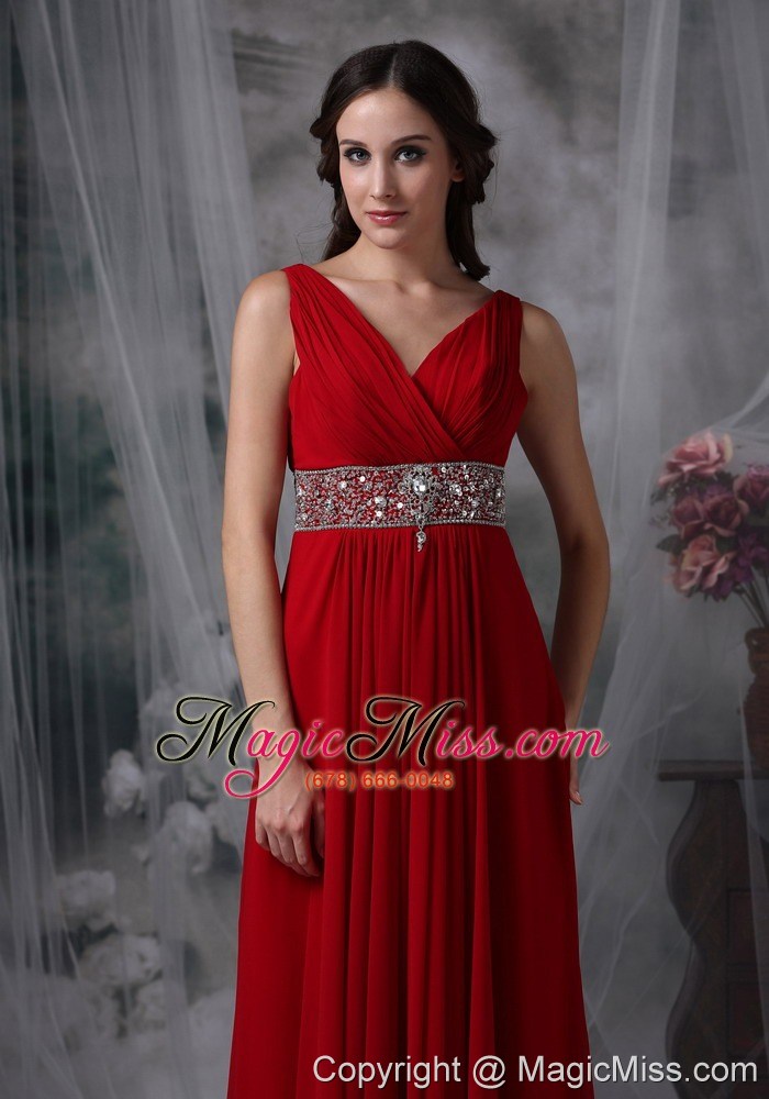 wholesale custom made red empire v-neck chiffon prom / evening dress with beading