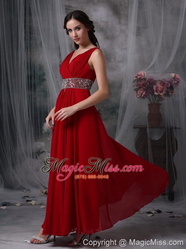 wholesale custom made red empire v-neck chiffon prom / evening dress with beading