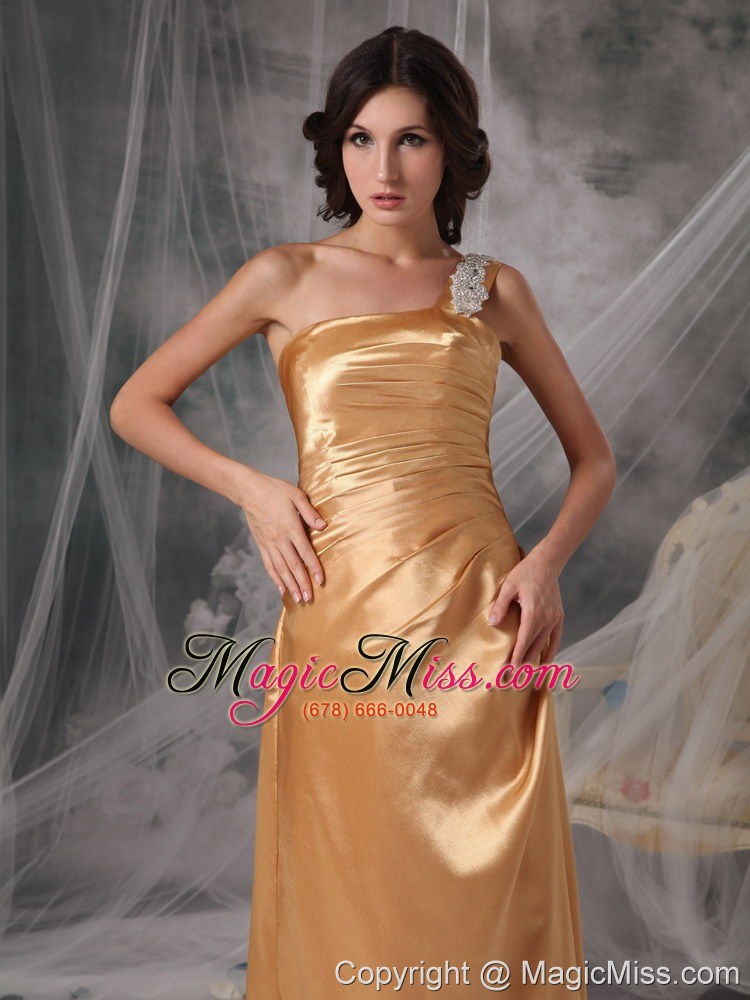 wholesale elegant bridesmaid dress gold empire one shoulder taffeta appliques floor-length