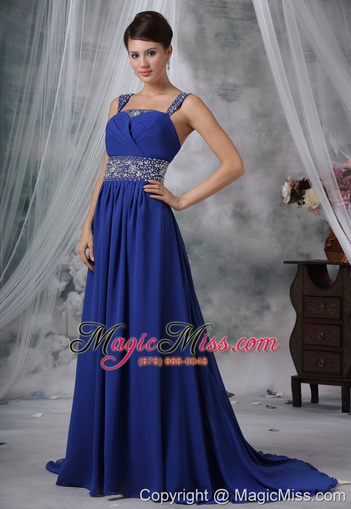 wholesale des moines iowa beaded decorate straps and wasit brush train royal blue chiffon prom / evening dress for 2013
