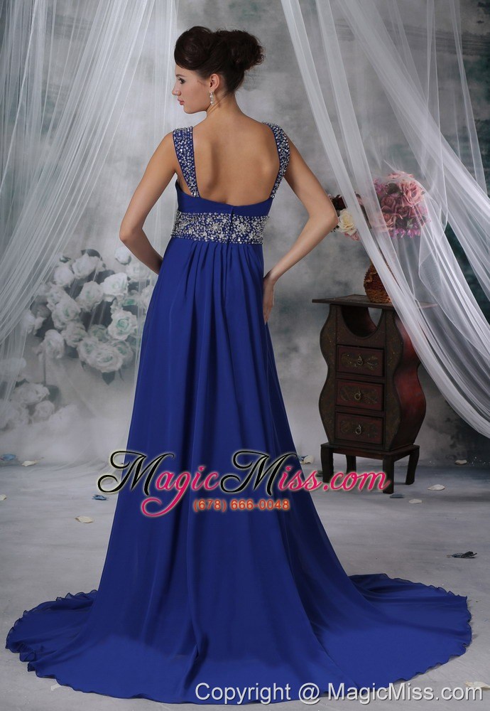wholesale des moines iowa beaded decorate straps and wasit brush train royal blue chiffon prom / evening dress for 2013
