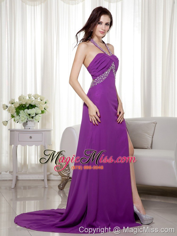 wholesale purple column halter brush train chiffon beading and ruch prom / celebrity dress