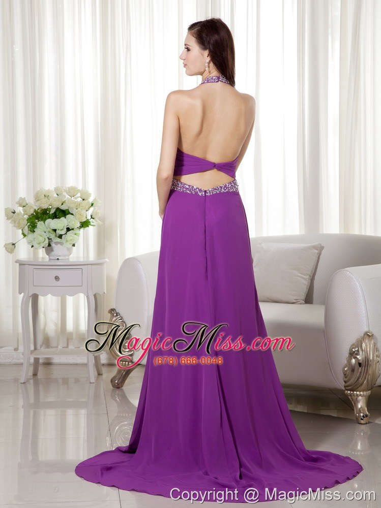 wholesale purple column halter brush train chiffon beading and ruch prom / celebrity dress