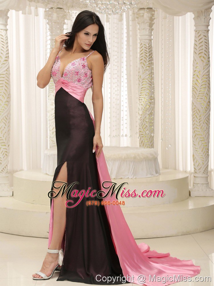 wholesale straps beaded decorate bust ruch chiffon and elastin woven satin for 2013 evening dress