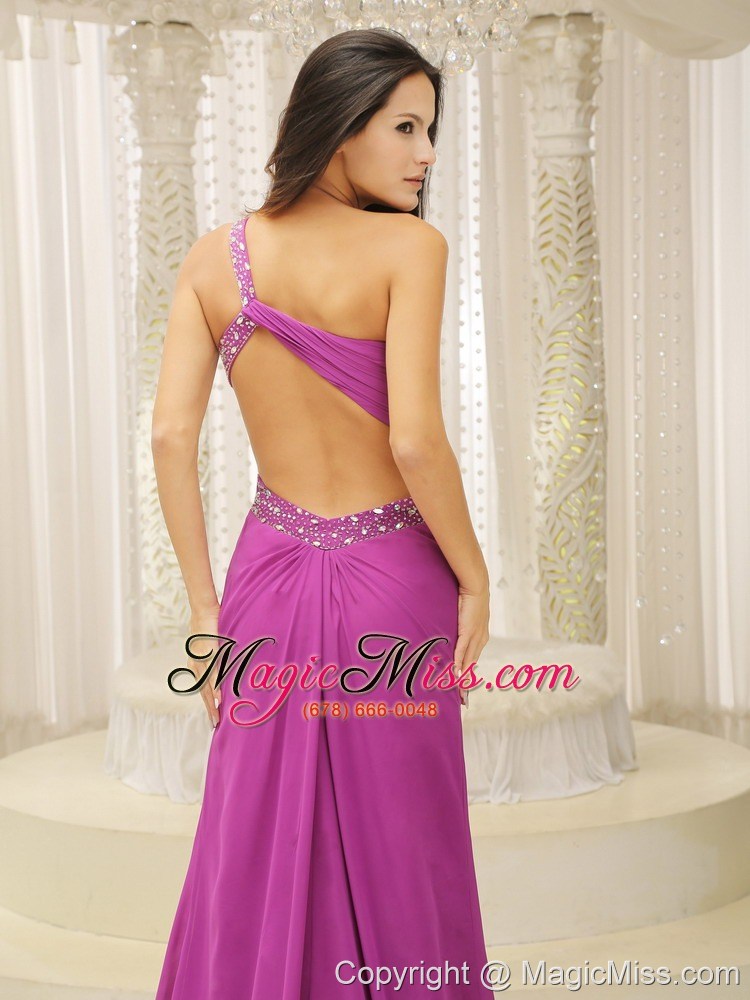 wholesale one shoulder beaded decorate waist brush train chiffon fuchsia for prom dress