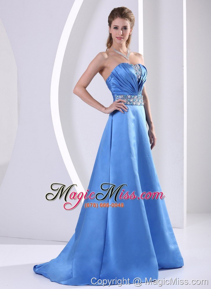wholesale sky blue 2013 plus size prom / evening dress with beading and ruch a-line sweep train satin