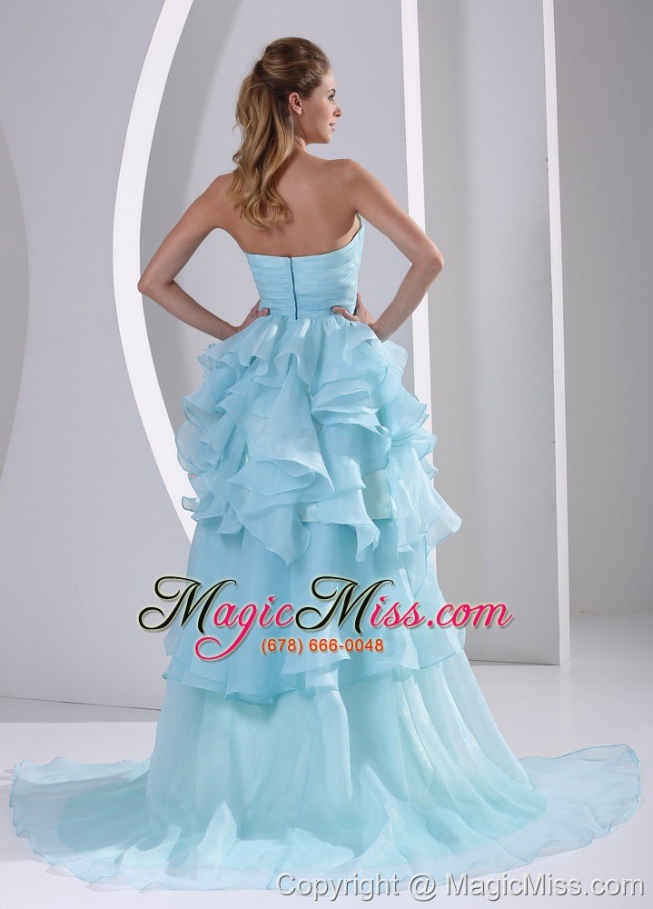 wholesale light blue organza high-low sweetheart 2013 prom / homecoming dress with beading ruch and ruffles brush train