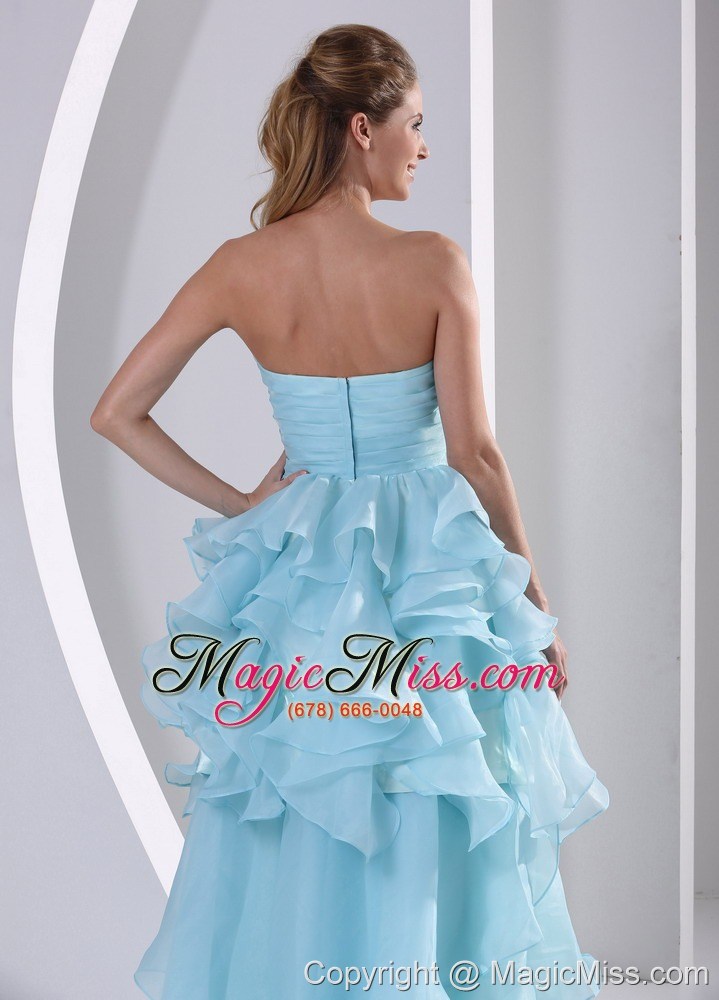 wholesale light blue organza high-low sweetheart 2013 prom / homecoming dress with beading ruch and ruffles brush train