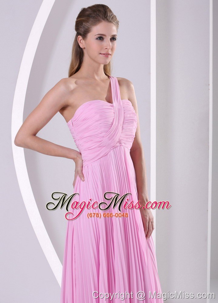 wholesale pink one shoulder pleat chiffon empire brush train bridesmaid dress for wedding party