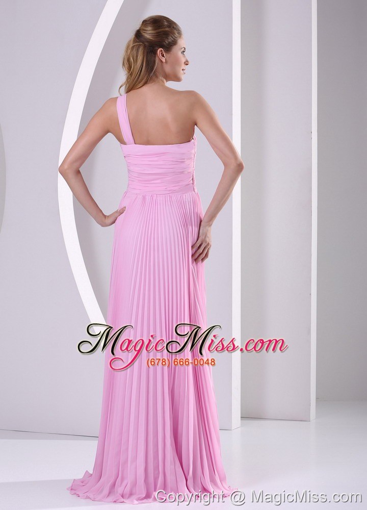 wholesale pink one shoulder pleat chiffon empire brush train bridesmaid dress for wedding party