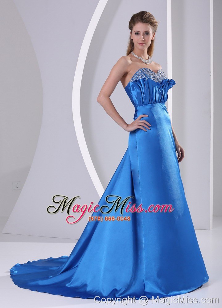 wholesale sky blue a-line sweetheart beaded modest dress with court train satin