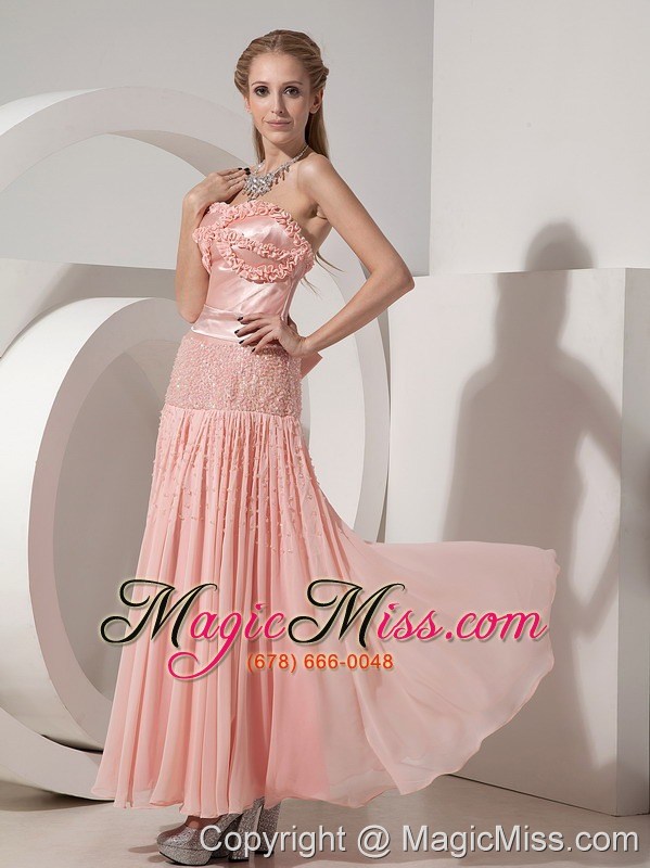 wholesale customize light pink evening dress column strapless chiffon and taffeta beading ankle-length