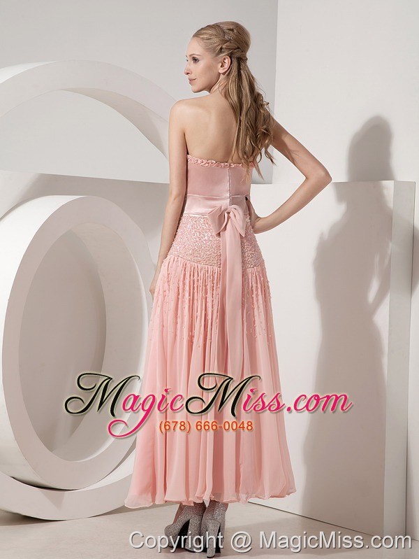 wholesale customize light pink evening dress column strapless chiffon and taffeta beading ankle-length
