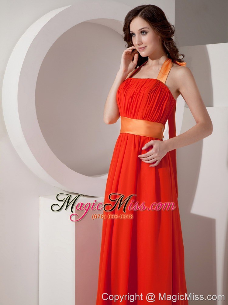 wholesale orange halter chiffon prom dress with sashes / ribbons