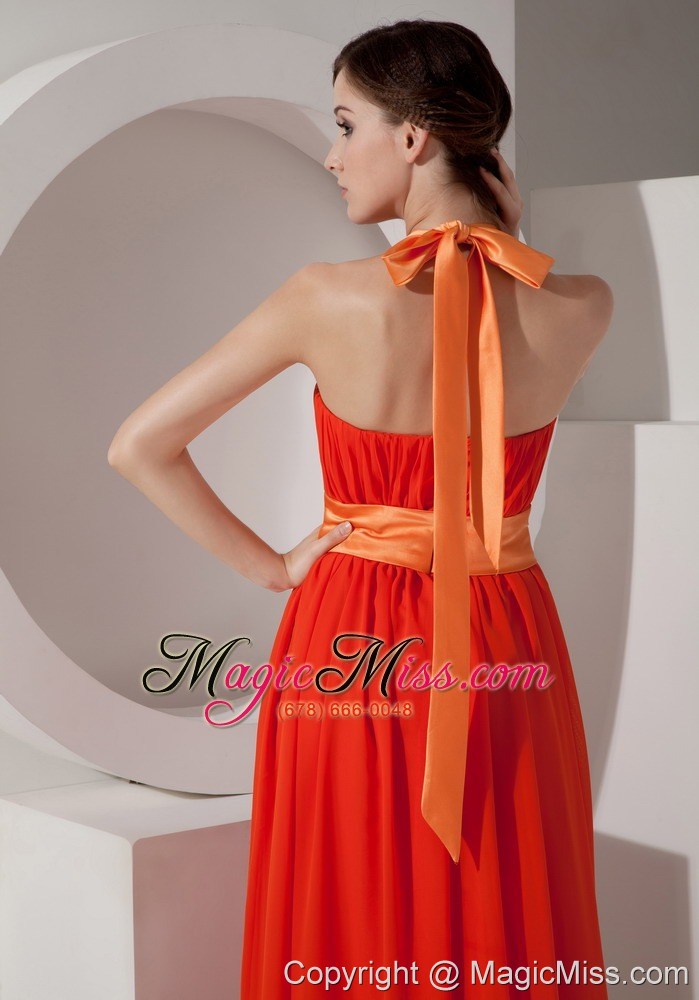 wholesale orange halter chiffon prom dress with sashes / ribbons